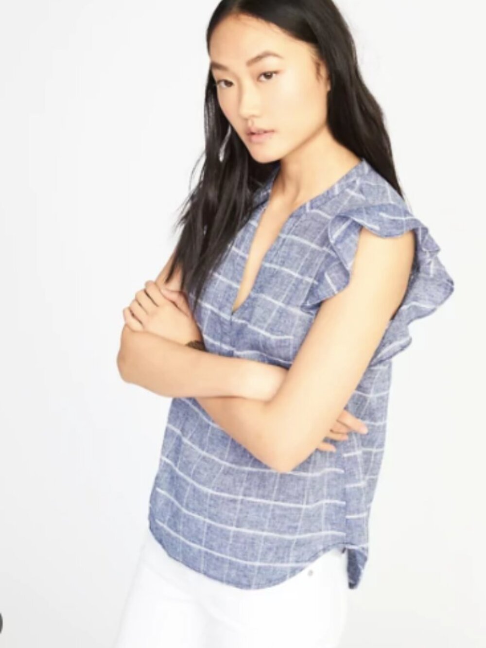 Old Navy Blue & White Ruffle Sleeve Linen Blend Top – Women’s Medium